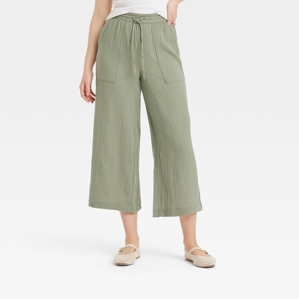High-Rise Gauze Wide Leg Pull-On Pants - Olive Green M